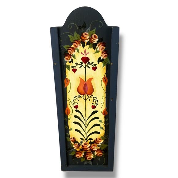 VTG Hand Painted Wood Tole Folk Art Sliding Lid Candle Match Box PA Dutch Style - Picture 16 of 16